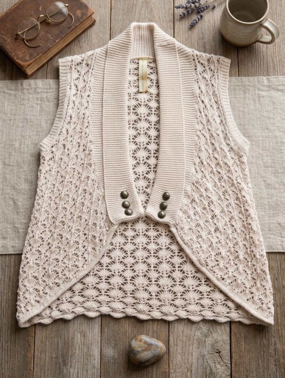Open-Knit Sleeveless Vest with Shawl Collar - Cream
